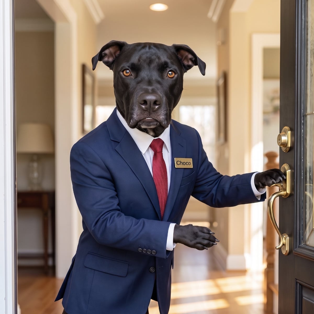 Choco, Kurt Lehmann's dog, dressed as a realtor in a suit jacket