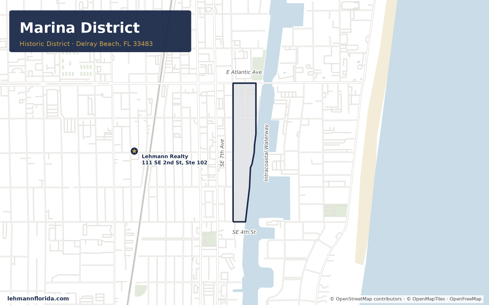 Map of the Marina Historic District, Delray Beach FL, between E Atlantic Ave, SE 4th St, SE 7th Ave and the Intracoastal