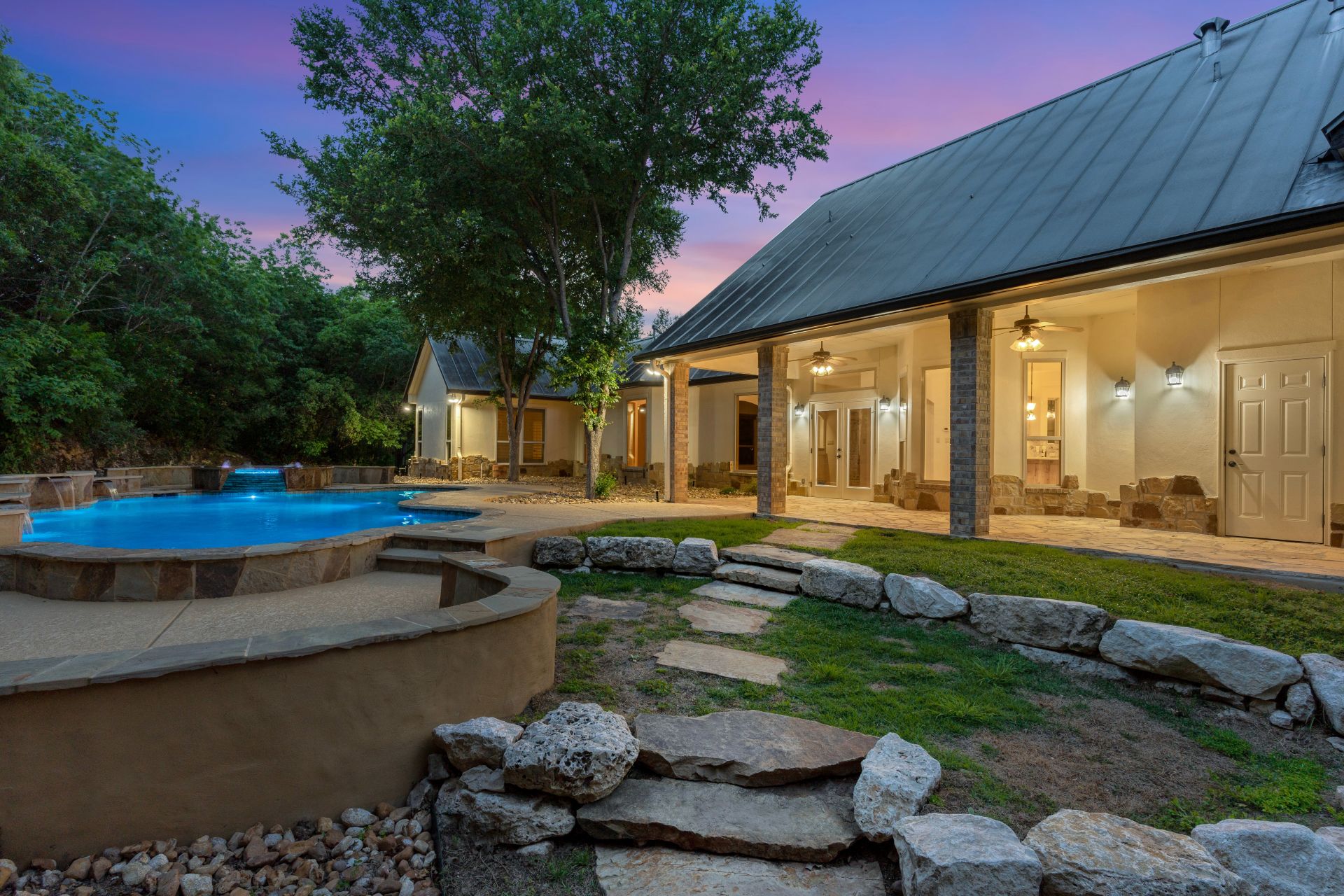a home back yard at sunset