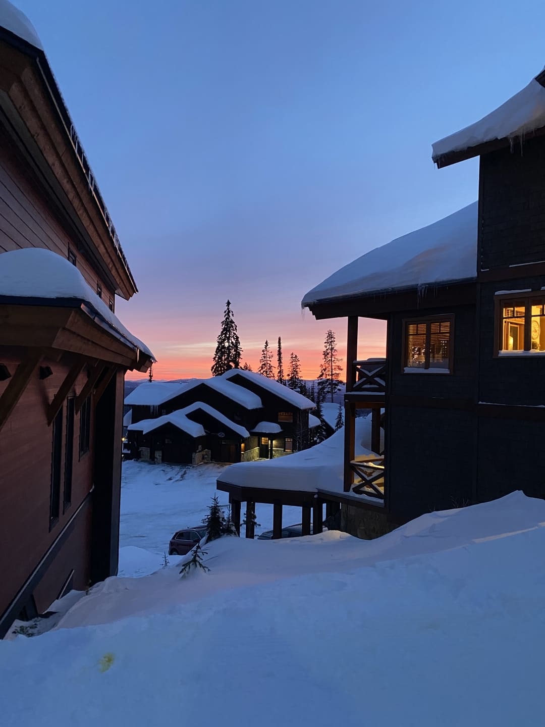 Ski lodges at Big White Ski resort in winter, Canada