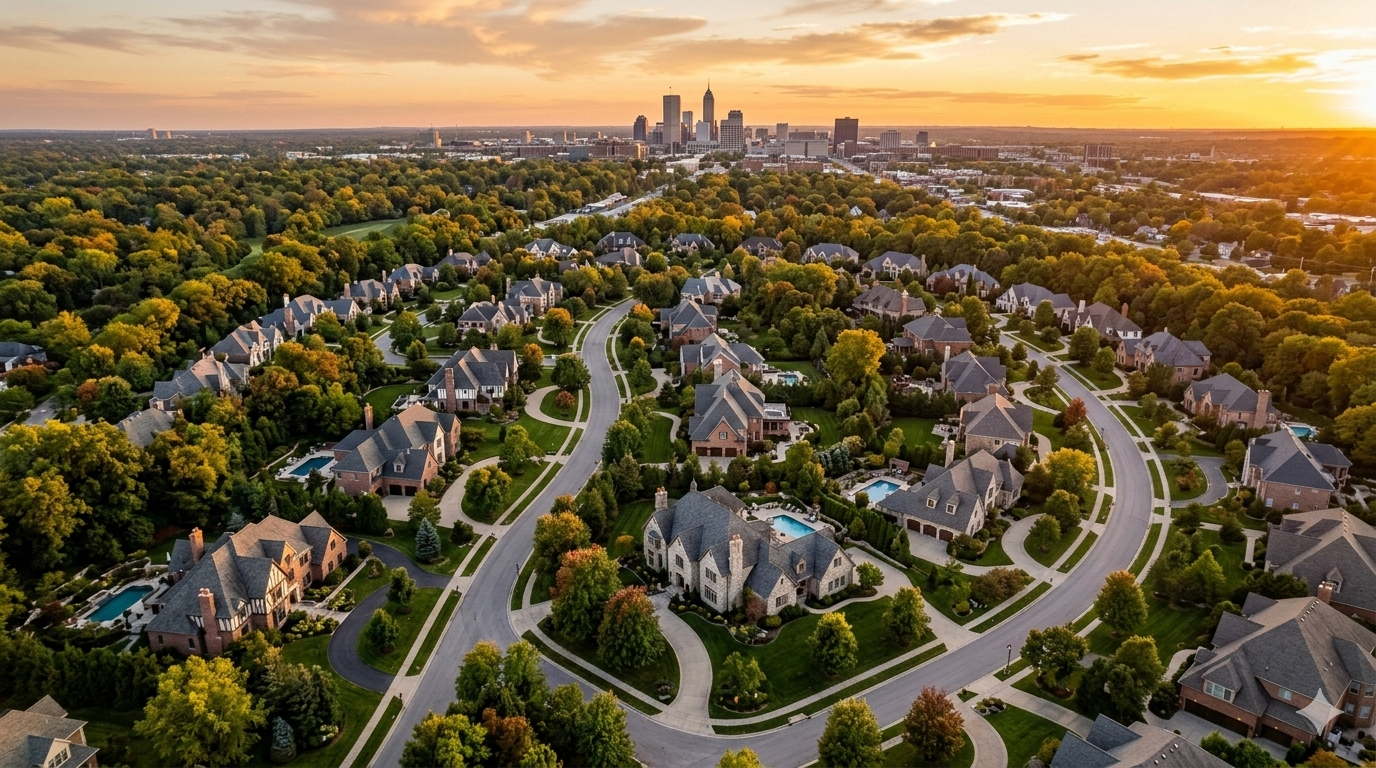 indianapolis-luxury-neighborhood-aerial-golden-hour