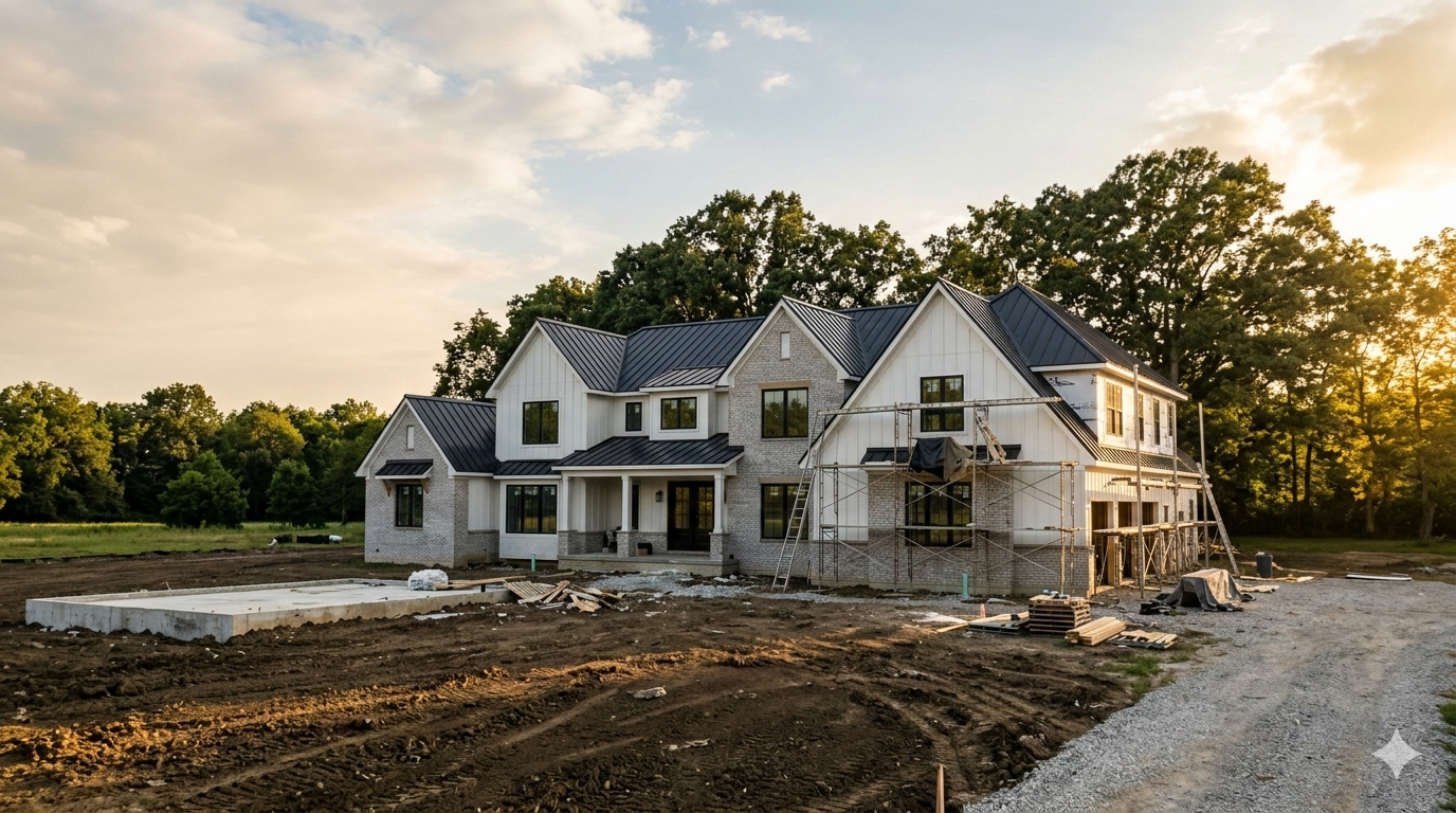 Custom home under construction in Indianapolis Indiana showing framing stage on luxury lot