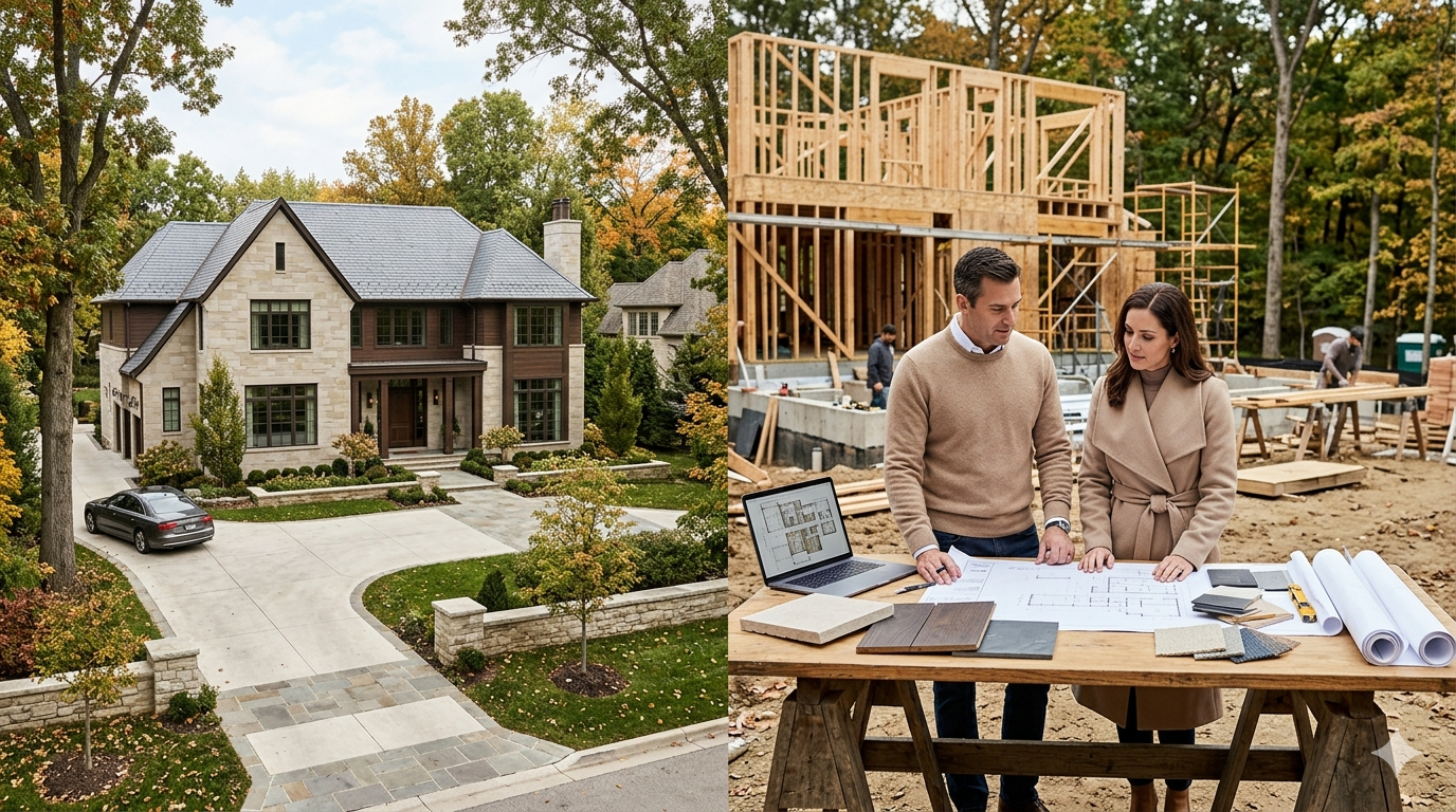 Luxury custom home in central Indiana with stone and shingle architecture, representing the buy-versus-build decision in Indianapolis