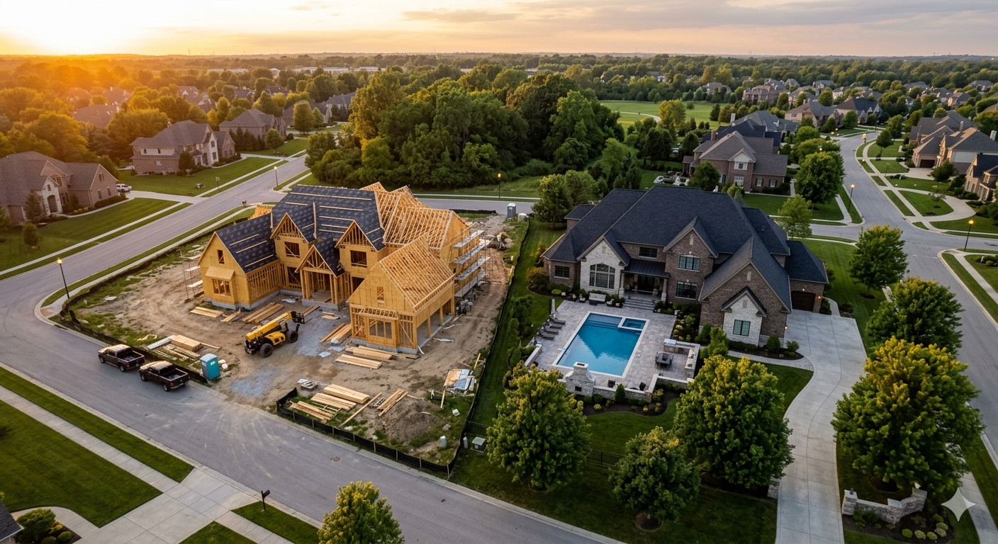 Aerial view comparing new construction framing and finished luxury home with pool in Westfield Indiana - Q1 2026 Indianapolis RCPI Report