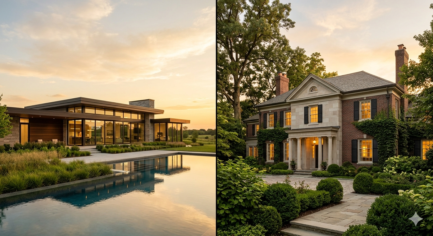 Side-by-side comparison of a modern new-construction luxury home with infinity pool at sunset and a classic renovated brick-and-limestone Indianapolis estate with mature landscaping. Editorial illustration of the renovating versus building new decision framework for $1M-plus Greater Indianapolis luxury buyers.
