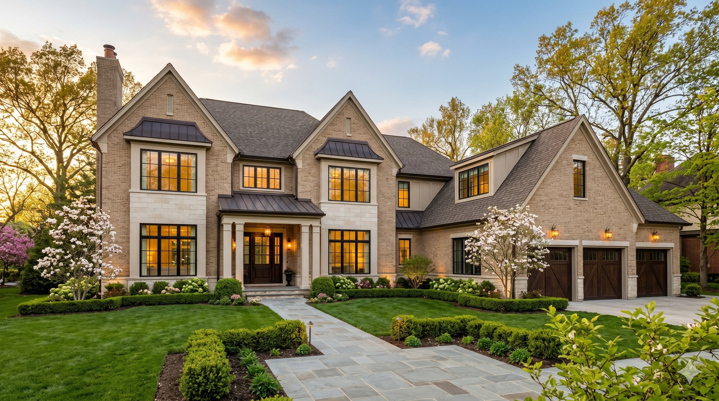 April 2026 Indianapolis luxury home exterior at golden hour, representative architectural example for the monthly RCPI and 7-Day Rule market report by Kris Bashenow covering Marion, Hamilton, and Boone Counties