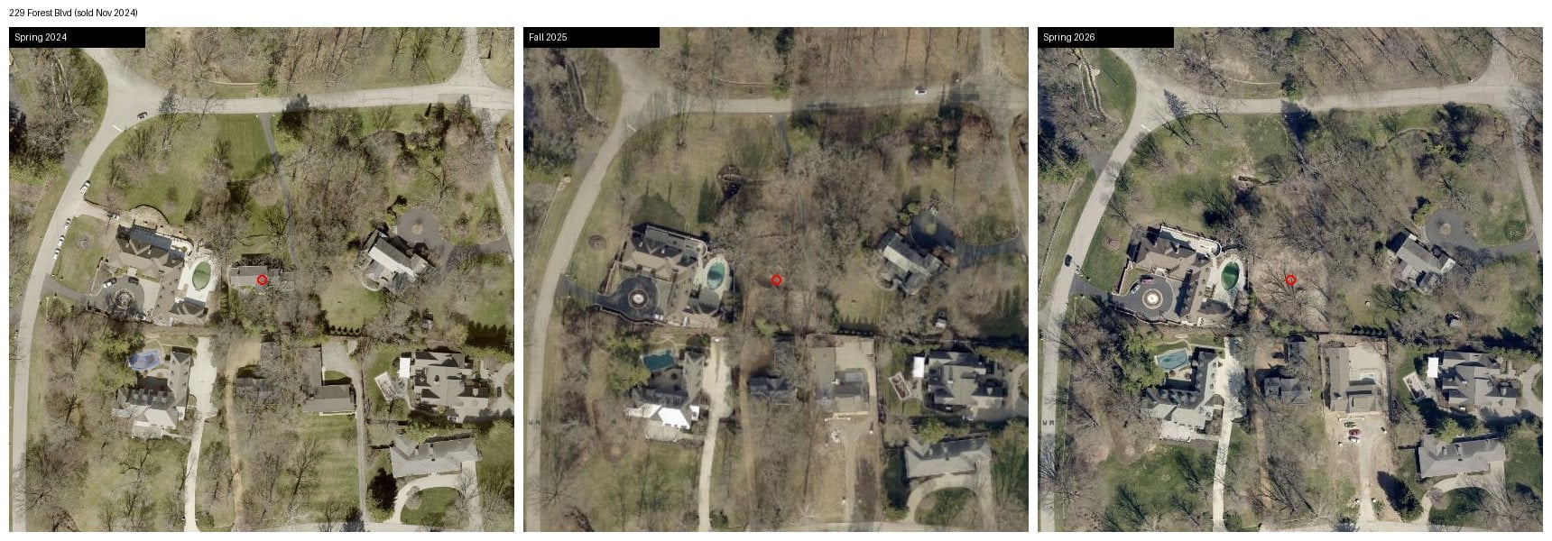 Aerial photos of 229 Forest Boulevard in Williams Creek, Indianapolis: house standing in spring 2024, removed by fall 2025, open lot in spring 2026.