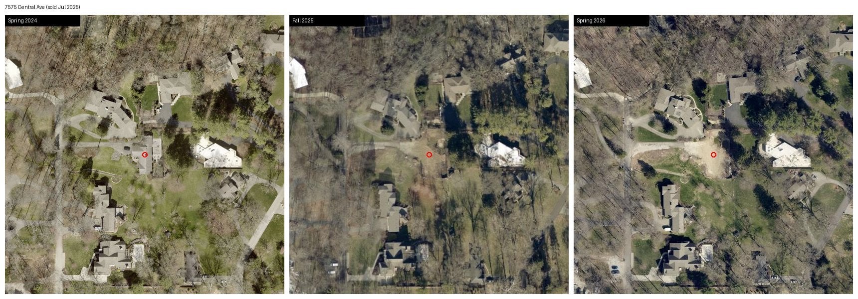 Aerial photos of 7575 Central Avenue in Meridian Hills, Indianapolis: house standing in spring 2024, removed by fall 2025, lot graded bare in spring 2026.