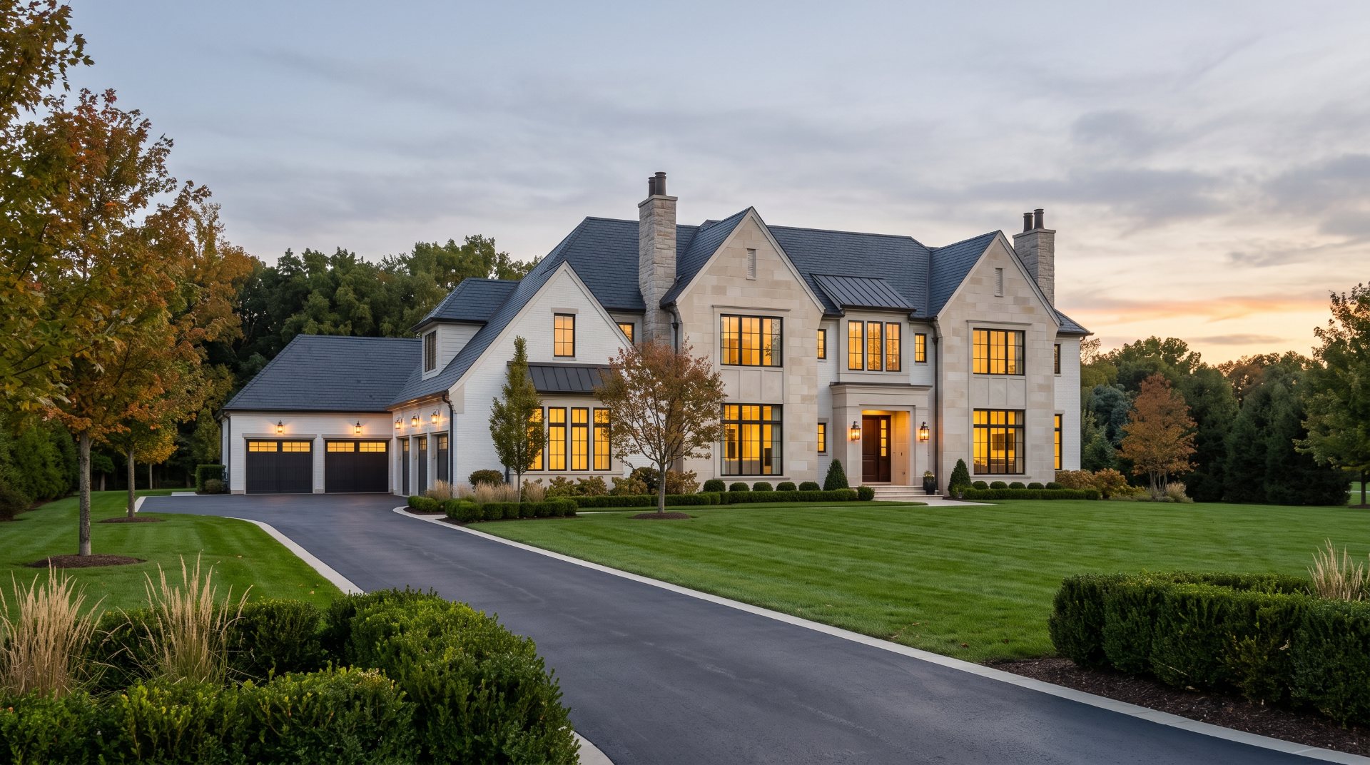 Luxury estate home at twilight in the Carmel and Zionsville style, illustrating 2026 Indianapolis luxury home price thresholds, which start at $725,000