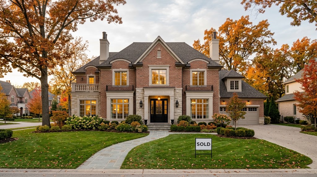 Luxury brick home in Carmel, Indiana with a SOLD sign in autumn