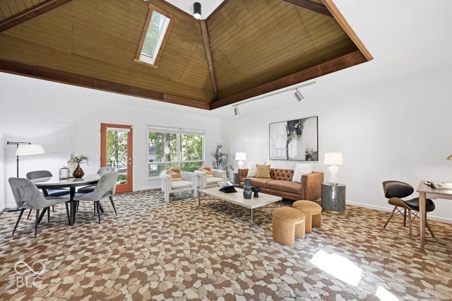 The 1974 family room with recessed wood pyramid ceiling, added by architect Clyde E. Woods