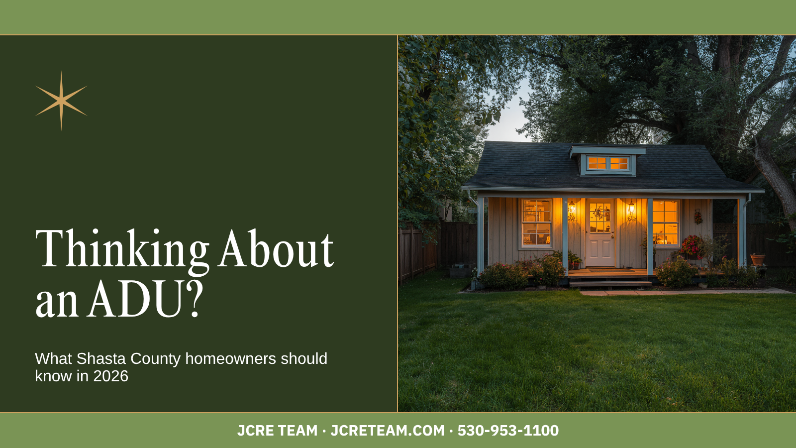 Charming lit backyard cottage ADU in Shasta County at dusk — JCRE Team blog header