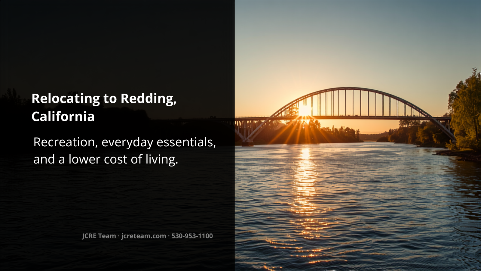 Sunset over the Sacramento River and a bridge in Redding, California, illustrating a guide to relocating to Shasta County