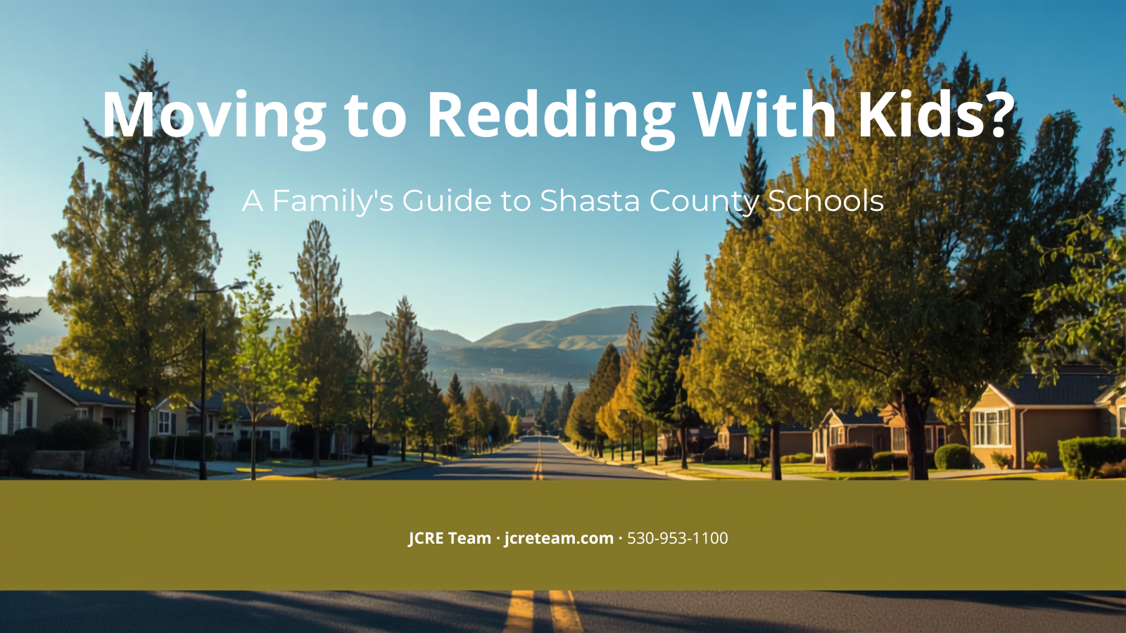 Tree-lined Redding, California neighborhood street with Shasta County foothills — guide to local schools for families moving to Redding
