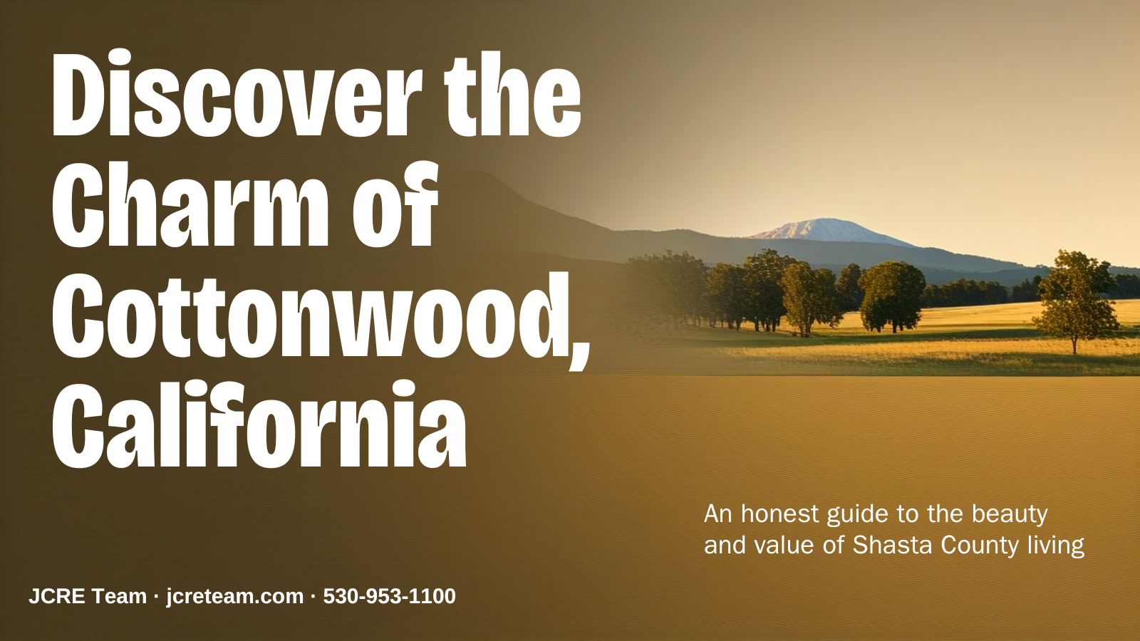 Golden-hour view of the rural Shasta County landscape near Cottonwood, California with oak trees and Mount Shasta in the distance