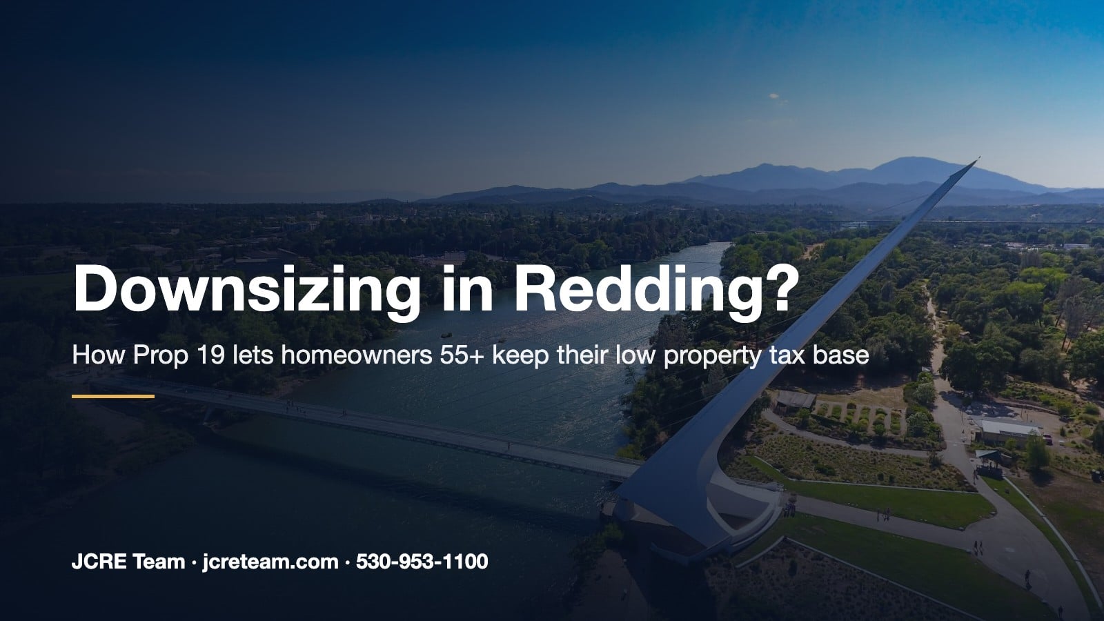 Aerial view of the Sundial Bridge over the Sacramento River in Redding, California, with the headline Downsizing in Redding?