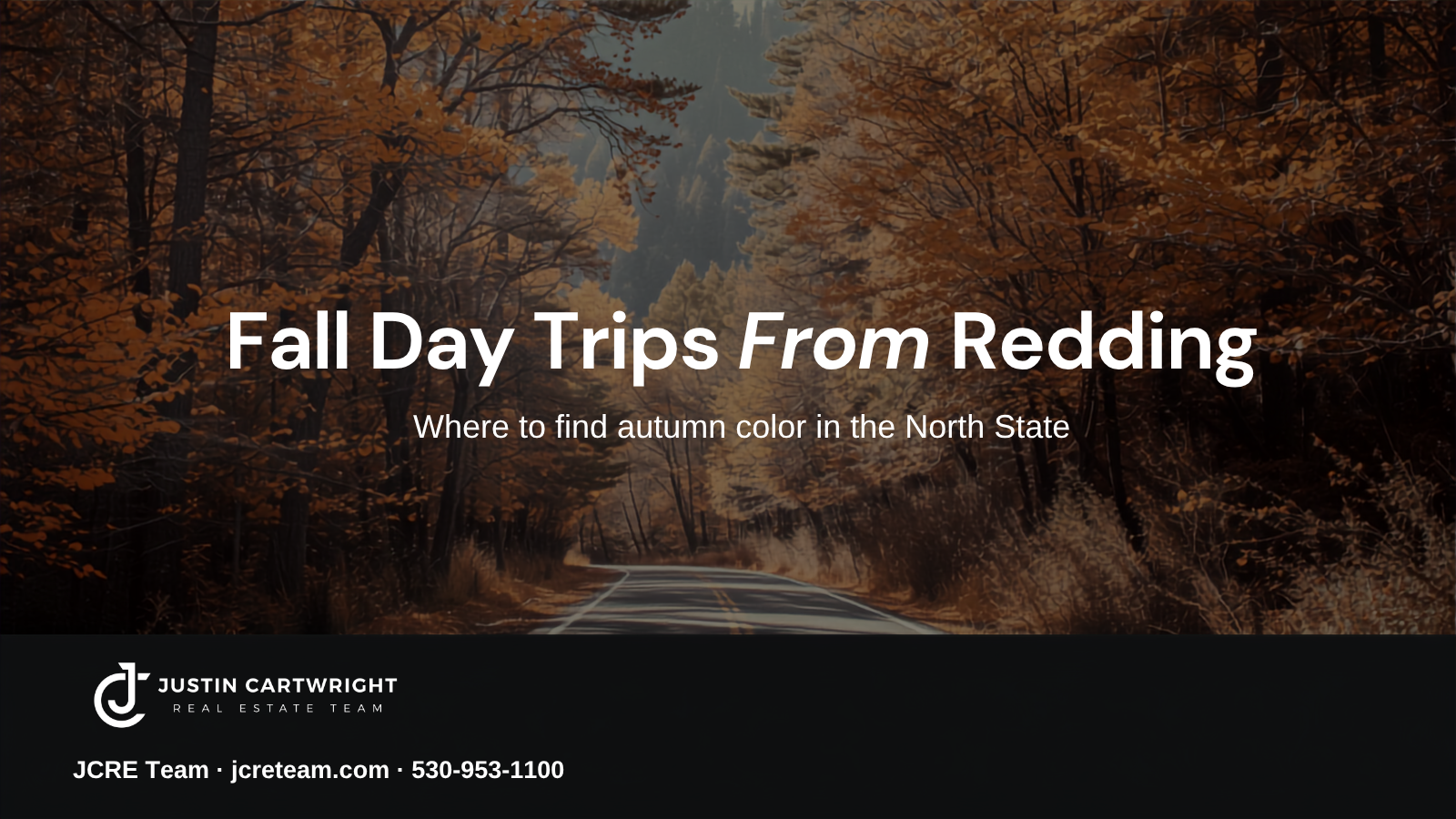 Autumn color along a forested Northern California road near Redding, with the Justin Cartwright Real Estate Team logo