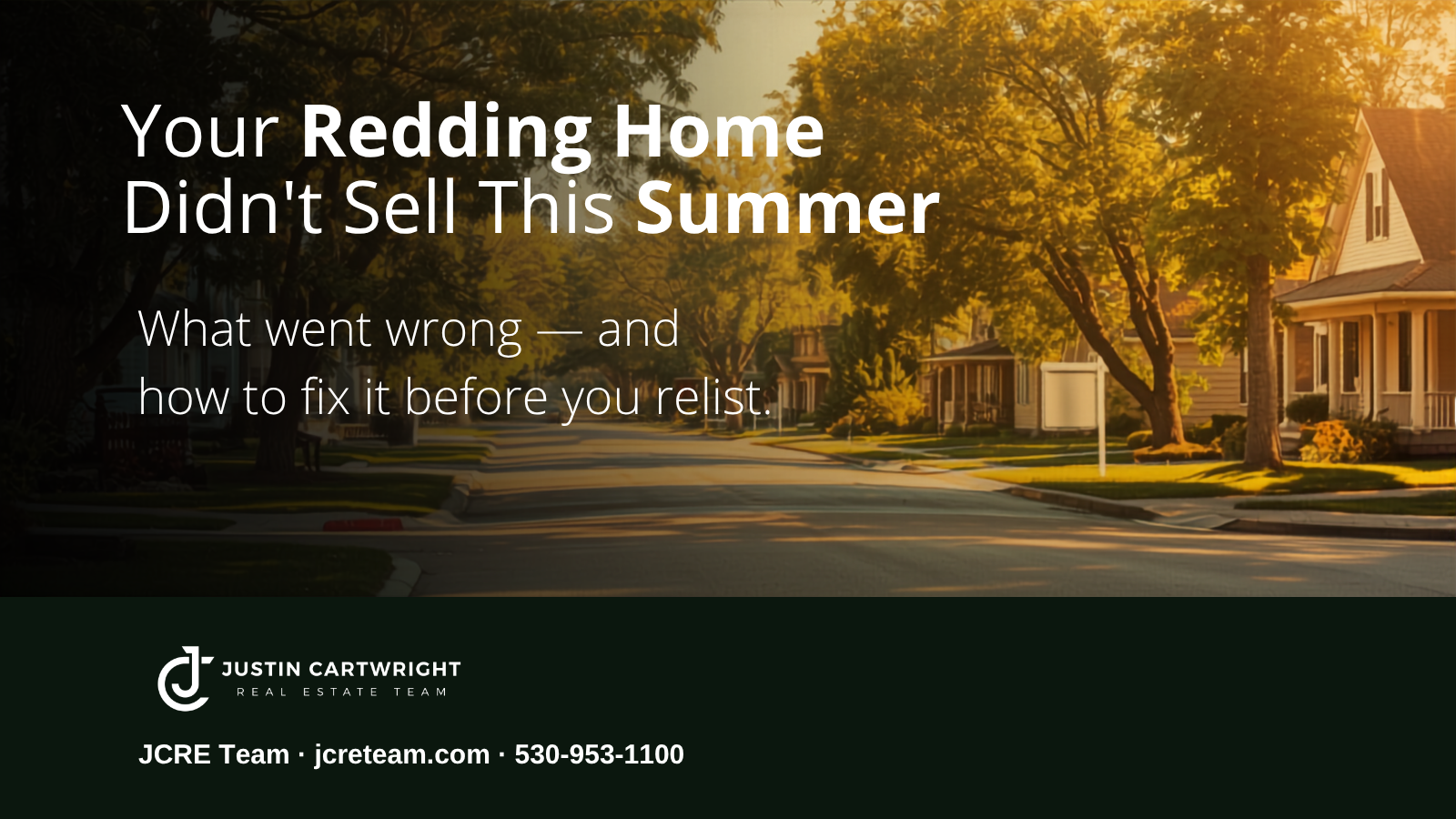 A quiet Redding, California residential street in late-summer golden light with a for-sale sign in front of a home