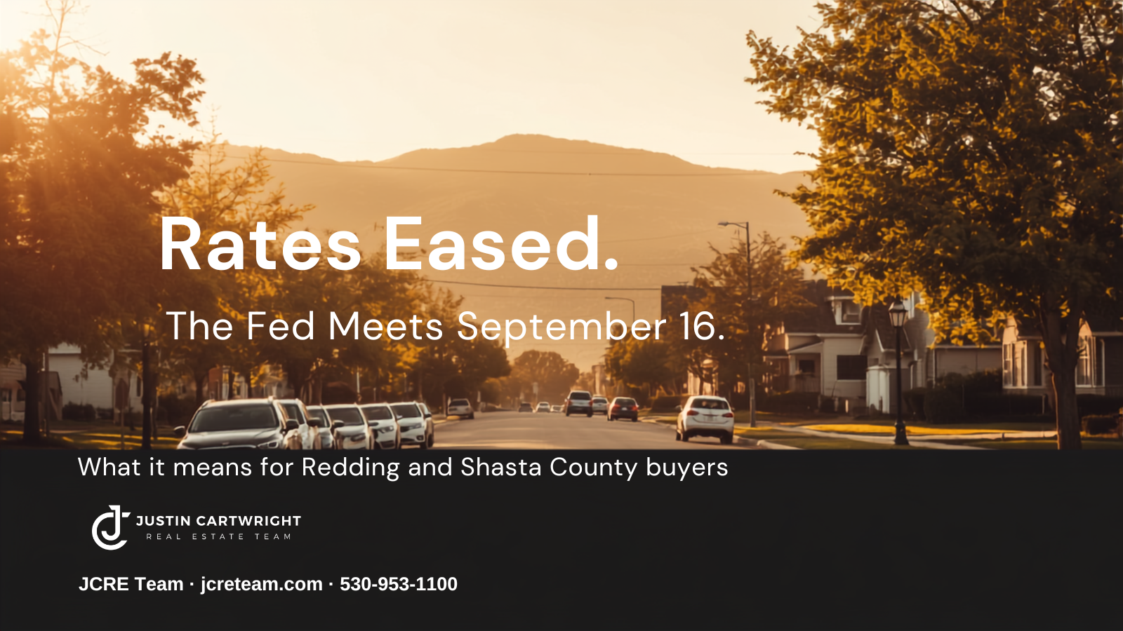 A quiet Redding residential street at sunset with a Rates Eased blog header