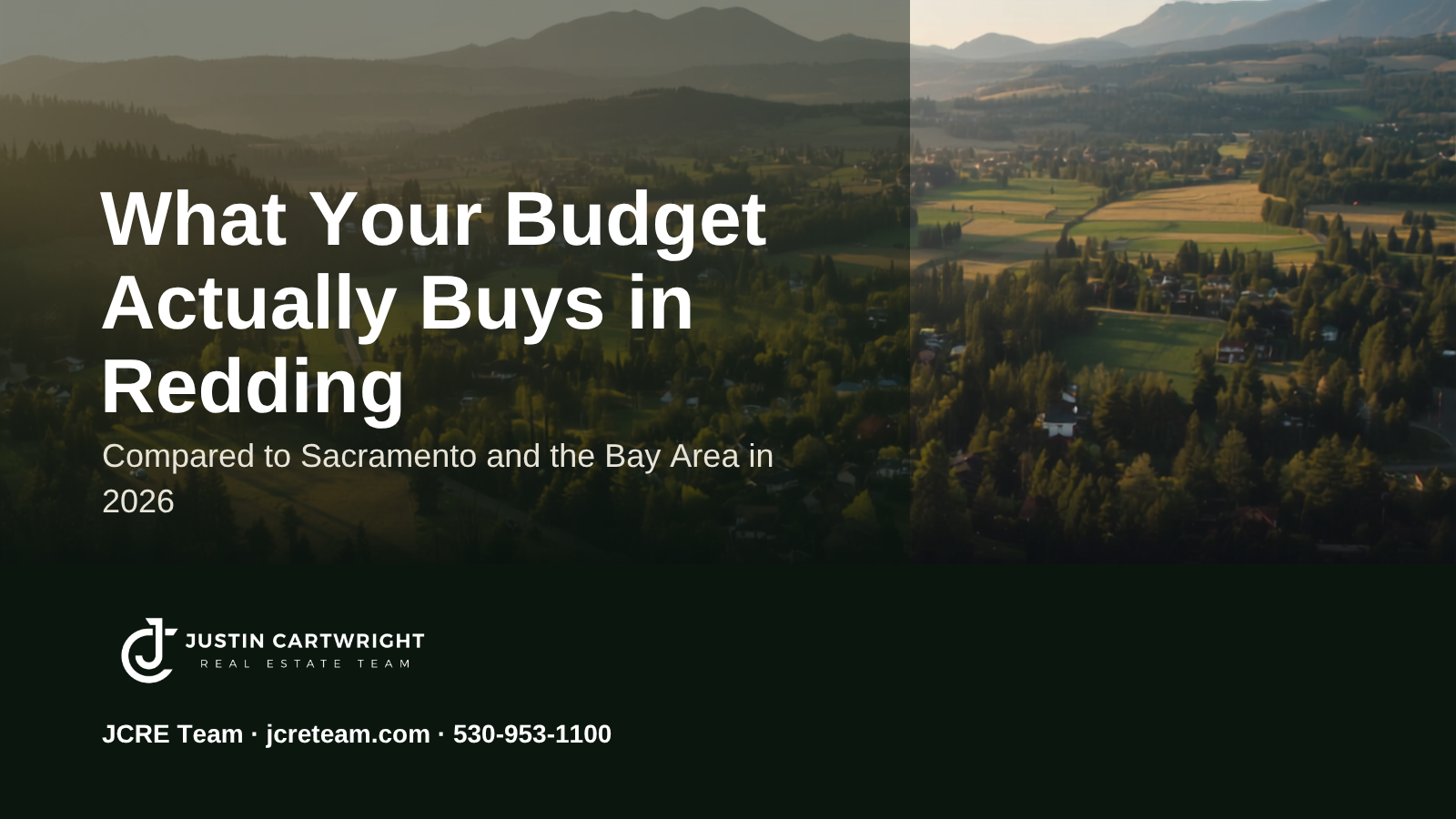 Aerial view of a Northern California valley with a What Your Budget Actually Buys in Redding blog header
