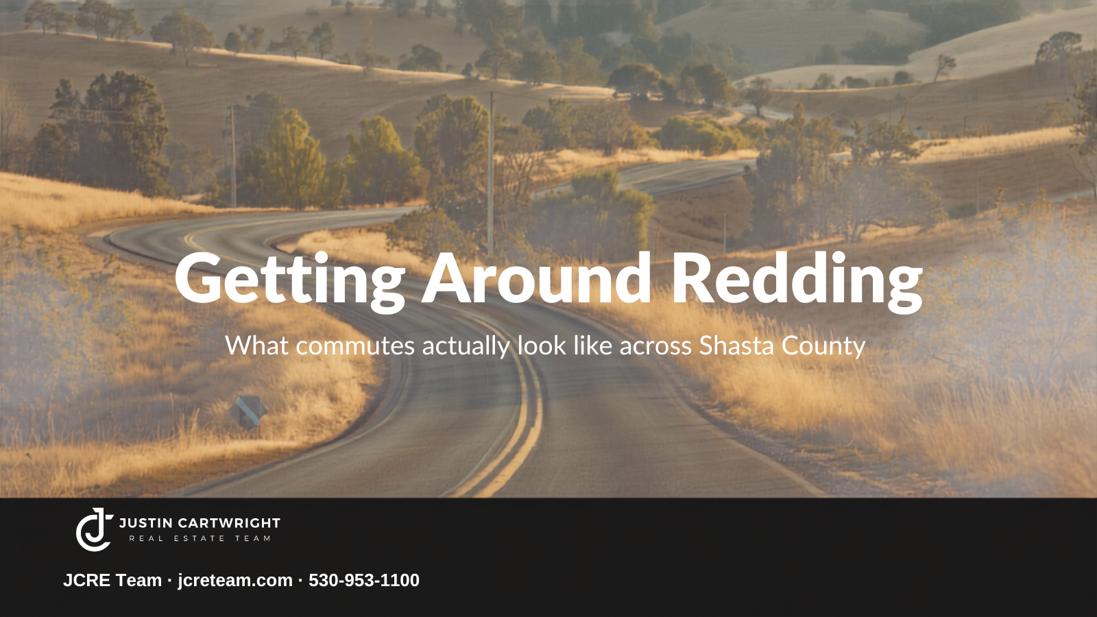 A quiet two-lane road winding through golden oak-covered hills near Redding, California