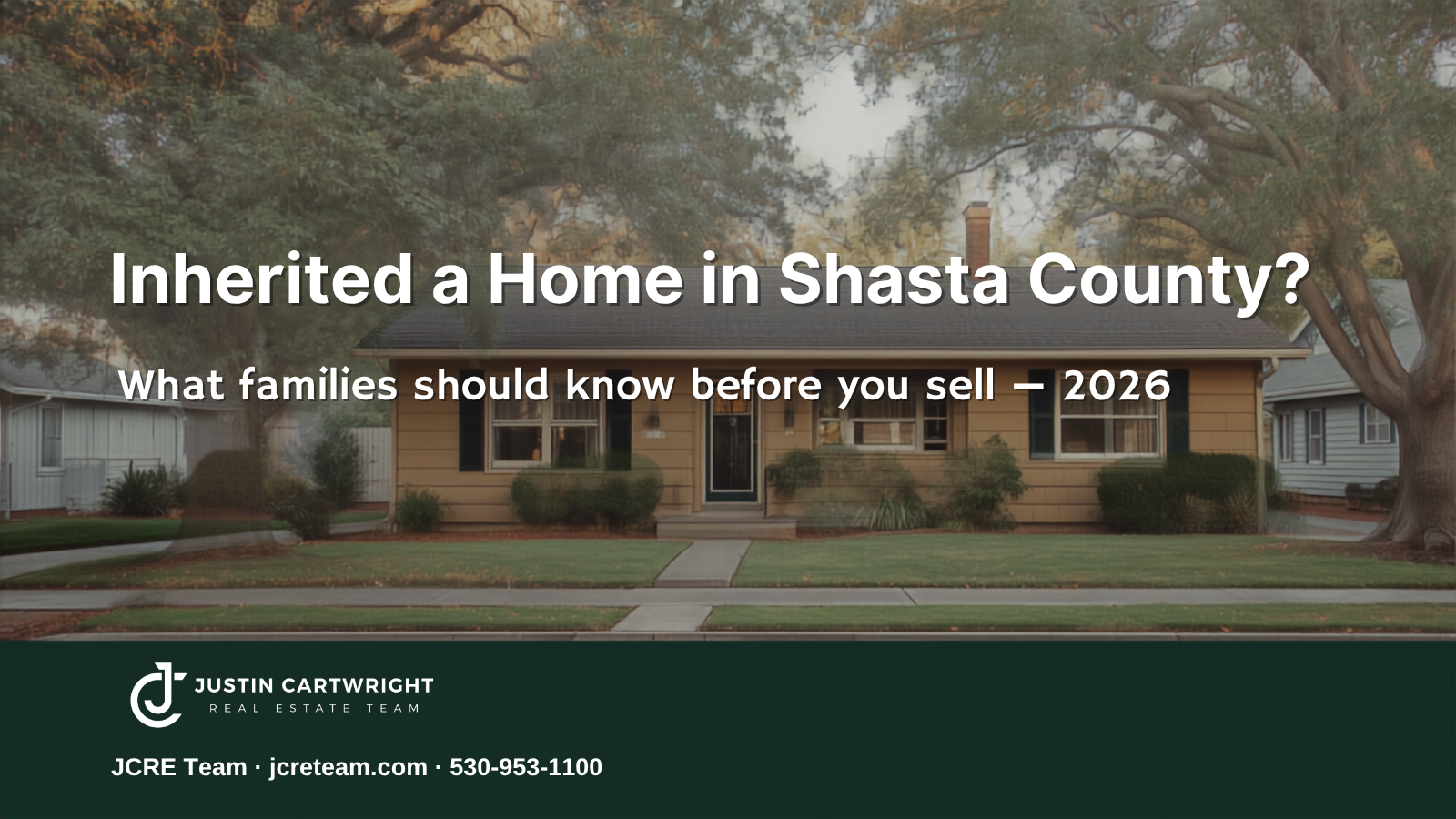 Older ranch-style home on a tree-lined street in Shasta County, California