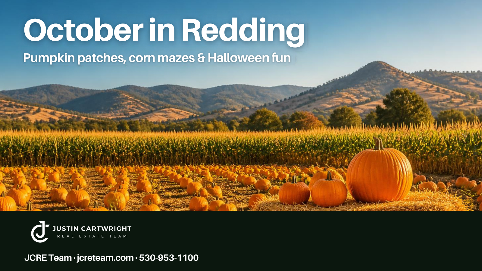 Pumpkin patch and corn field below Shasta County hills — October in Redding, JCRE Team