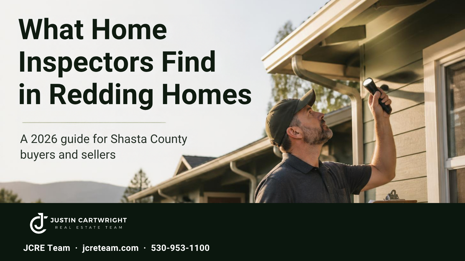 Home inspector with a clipboard and flashlight checking the eaves of a single-story Redding, CA home
