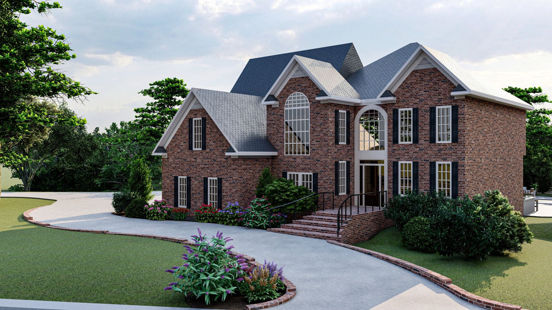 3d design and rendering of a house exterior and front yard design