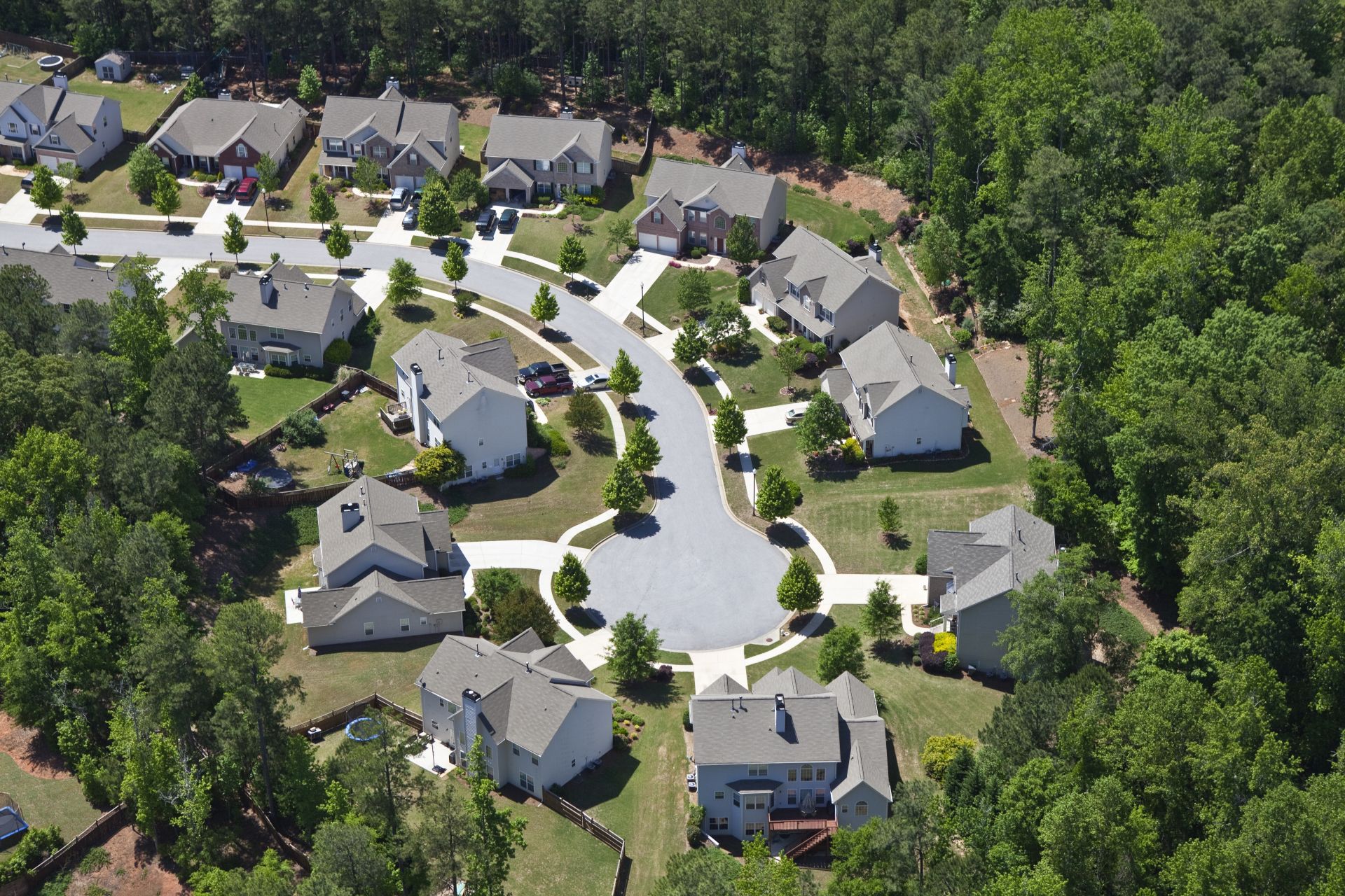 Modern comfortable middle class neighborhood aerial in the southeastern USA.