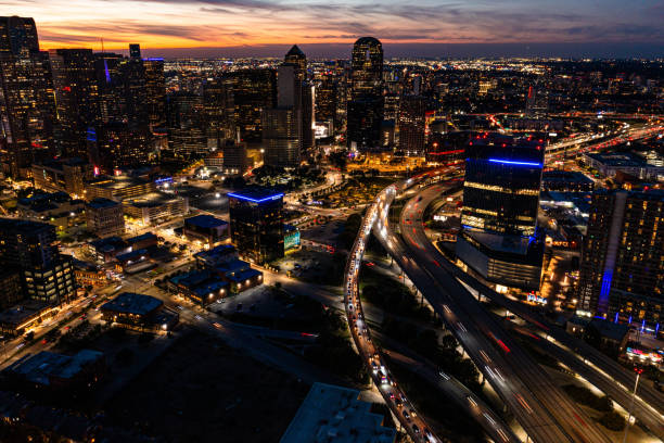 Aerial Drone clip over downtown Dallas, Texas during night