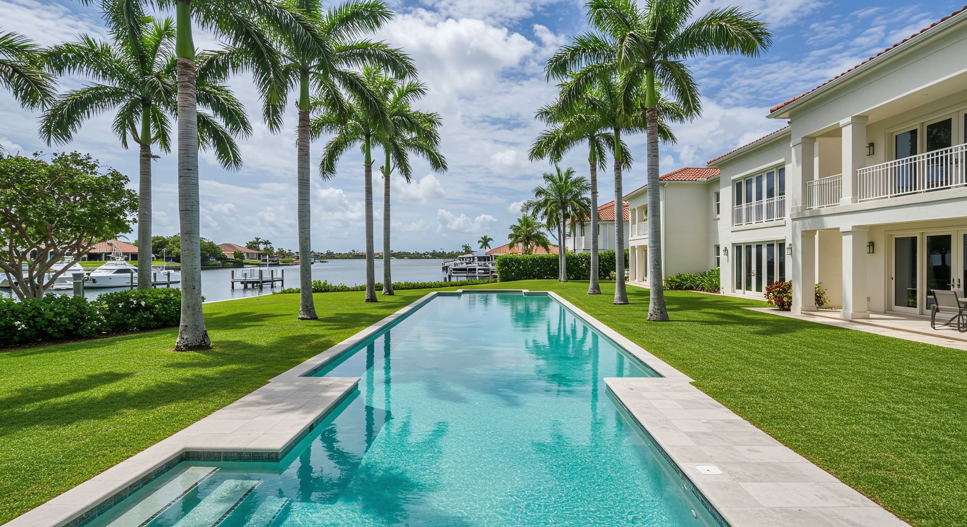 A long, pristine pool sits beside a luxurious waterfront home, lined with palm trees. Boats are visible on the calm water in the background