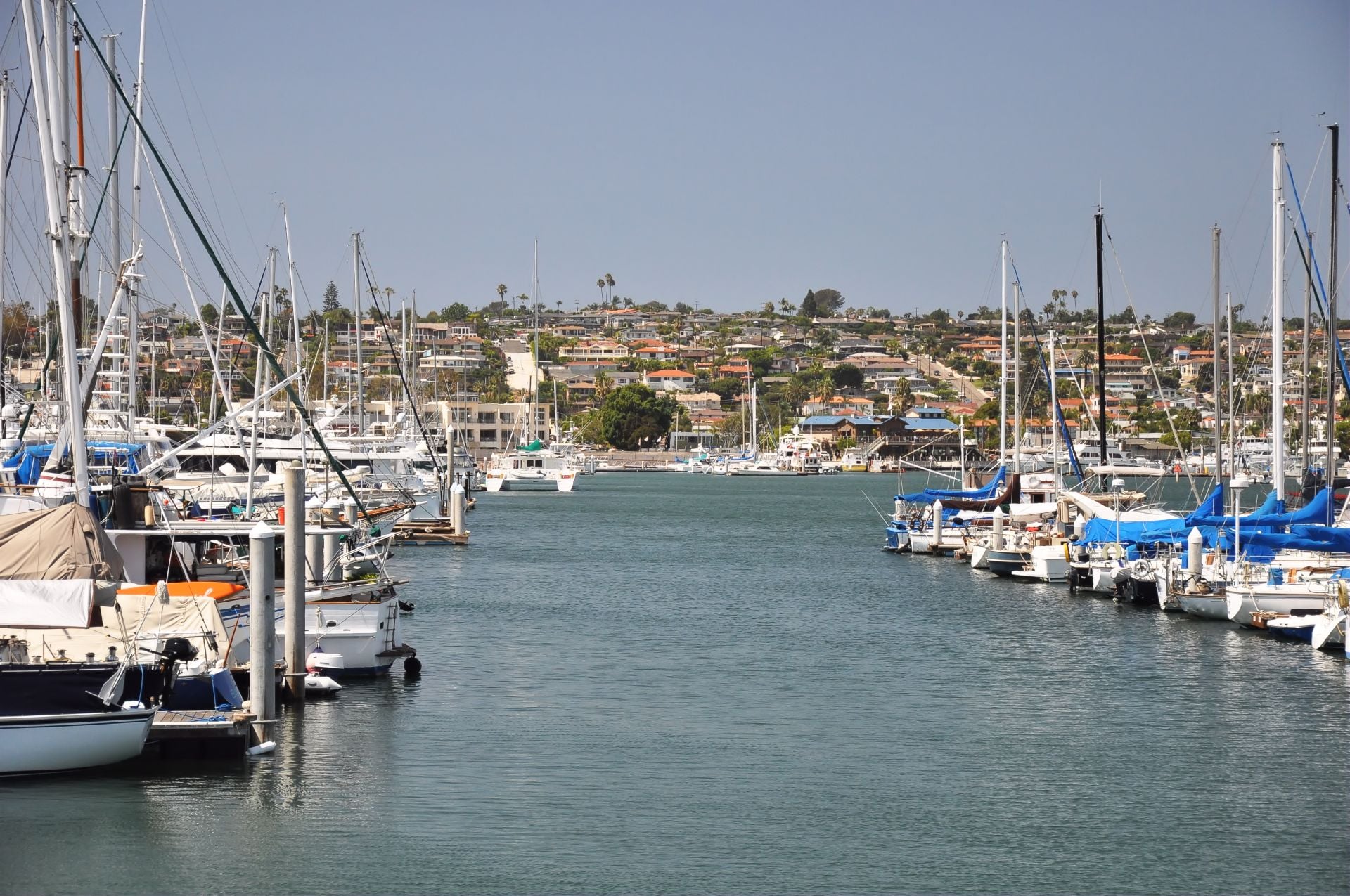 Point Loma hillside homes are seen in the distance from Shelter Island Harbor in San Diego, California.