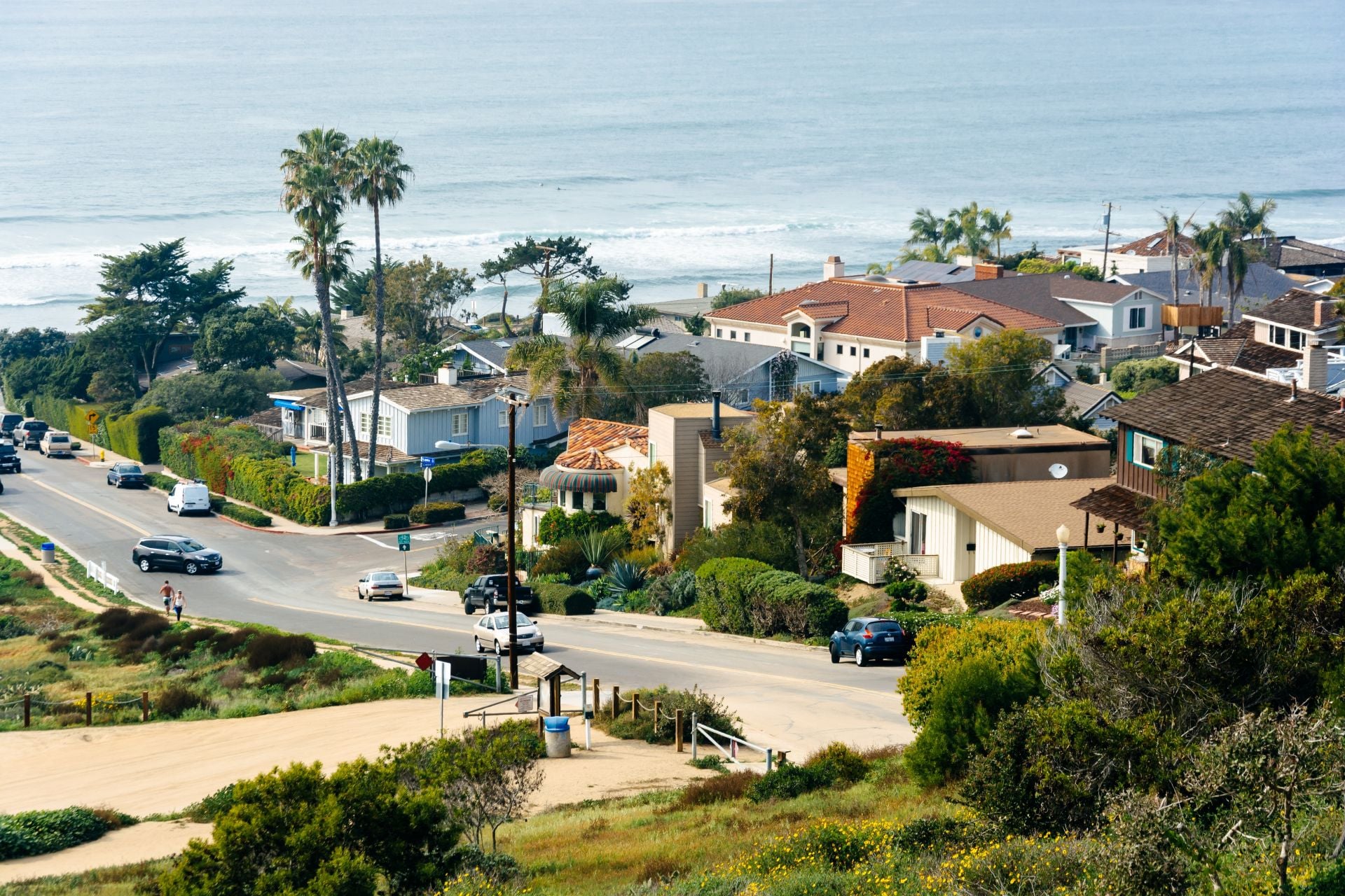 View of Ladera Street and the Pacific Ocean from Sunset Cliffs Natural Park in Point Loma, California