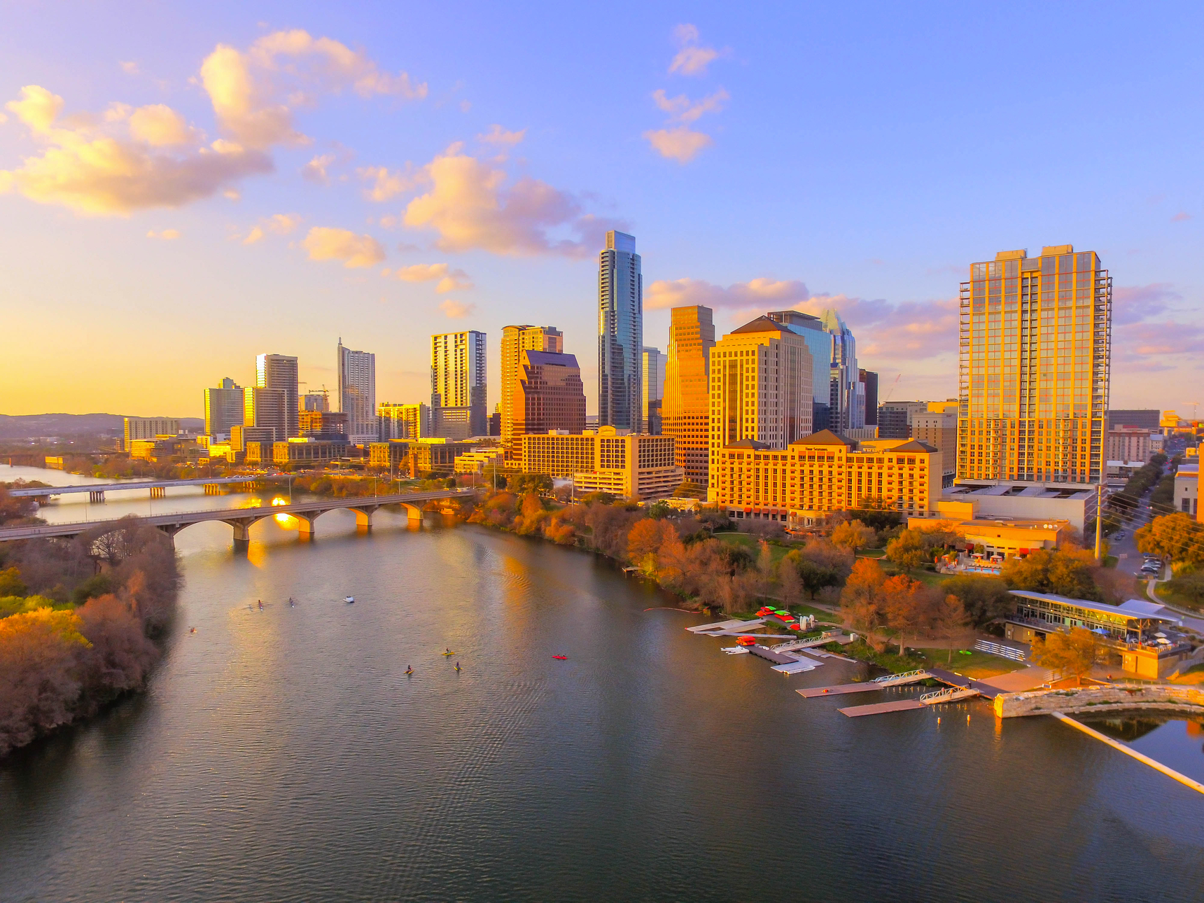 Breathtaking,Aerial,Drone,Photograph,Capturing,Austin,Texas,Skyline,During,Sunset.