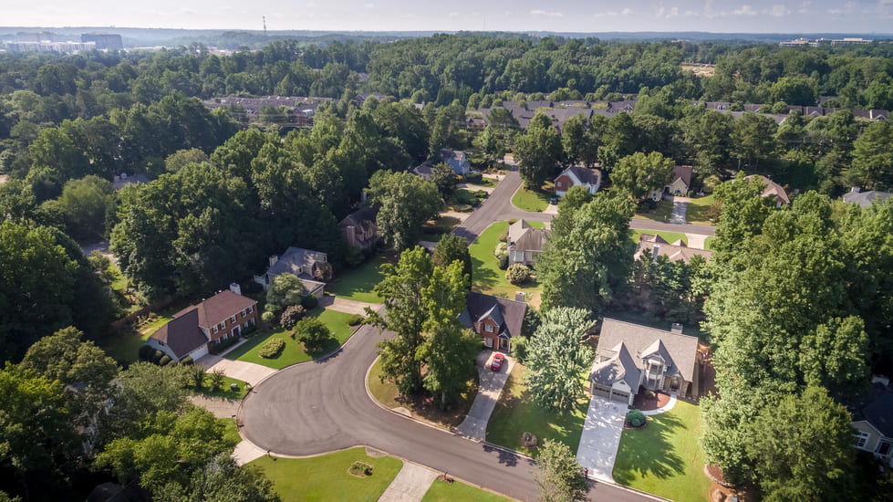 Aerial view of suburban houses in southern United States