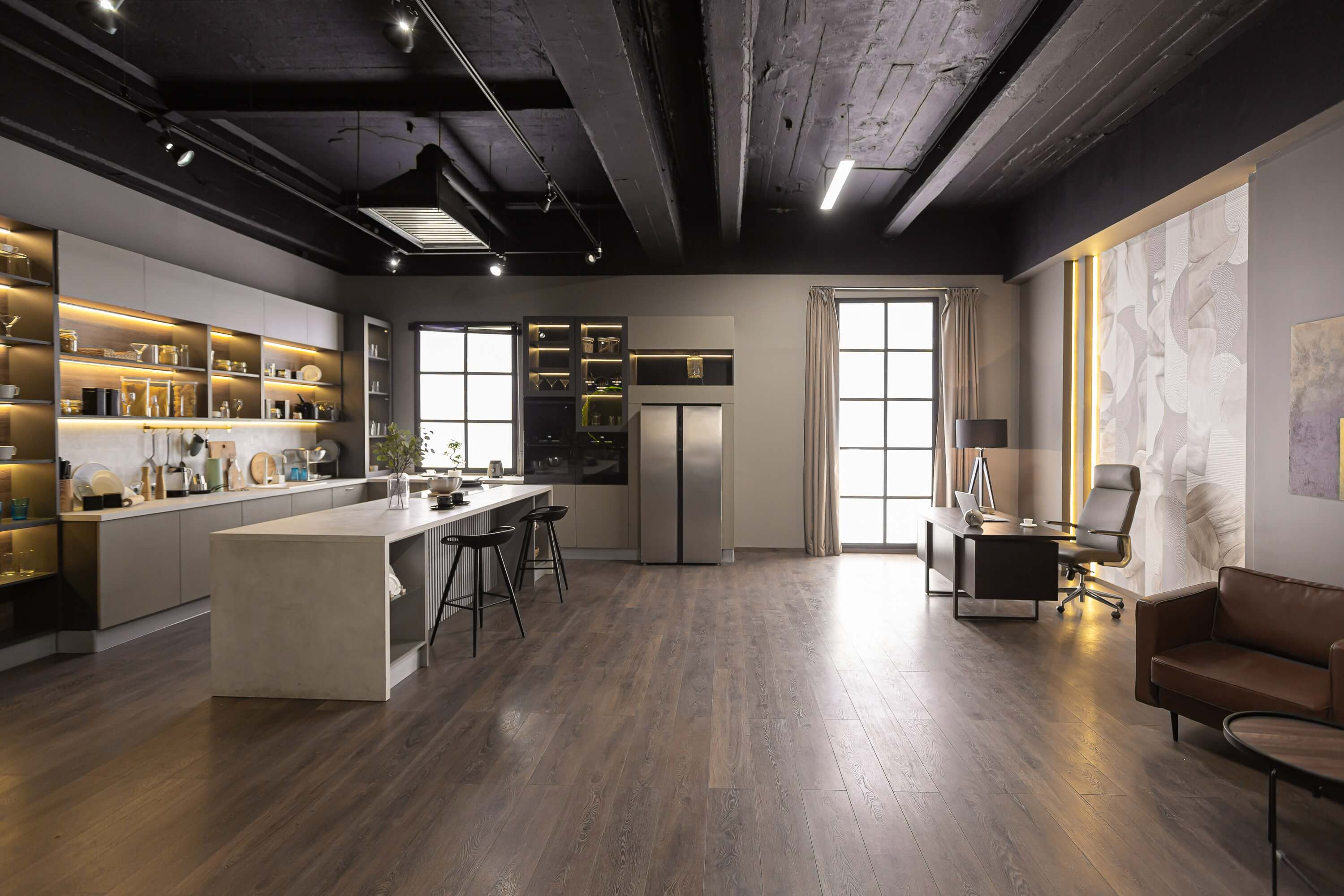 brutal interior of an ultra-modern spacious one-room apartment in dark colors super cool led lighting with kitchen, dining table and home office area