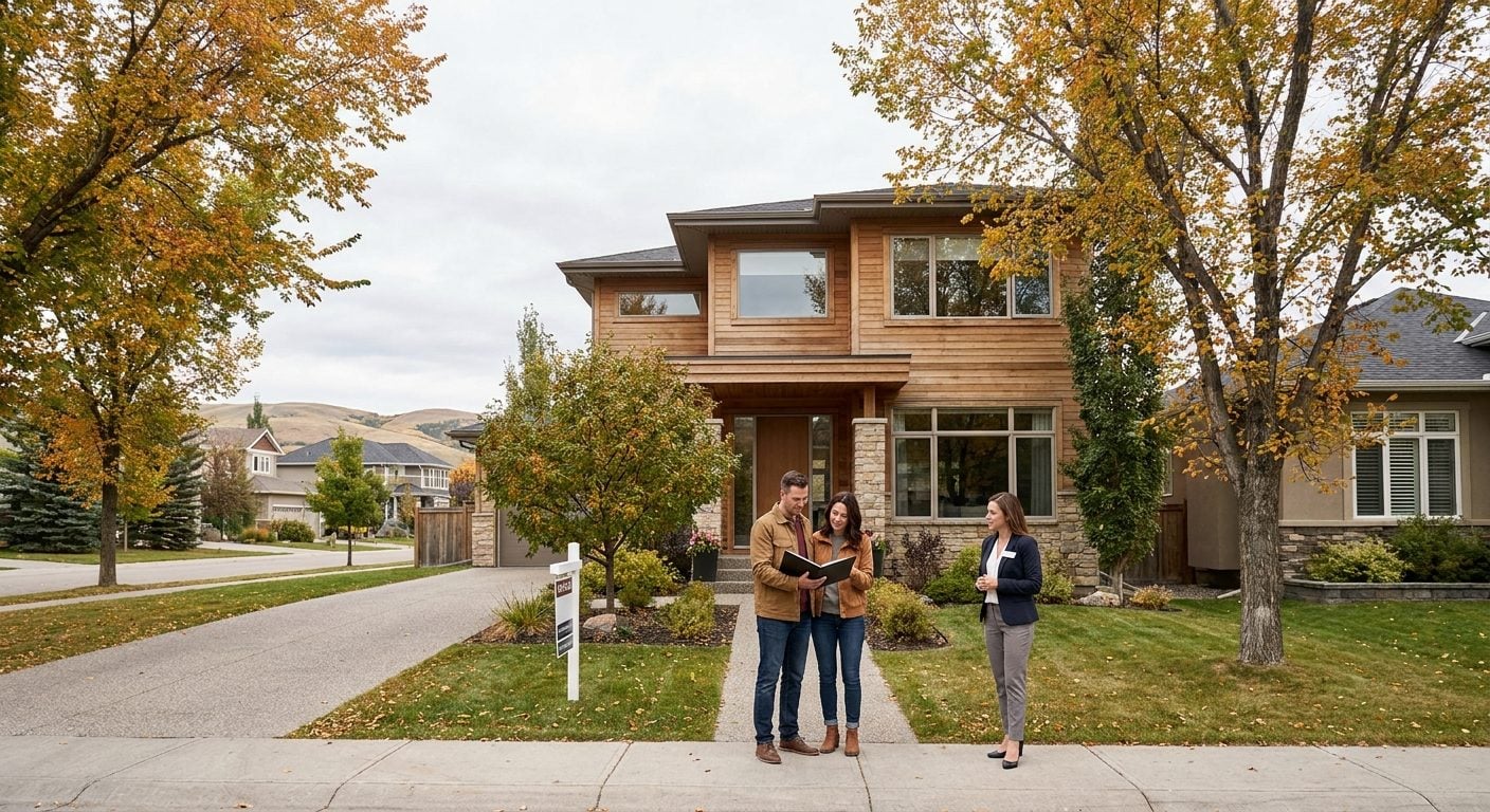 Couple reviewing a folder with a real estate agent outside a detached home surrounded by autumn trees.