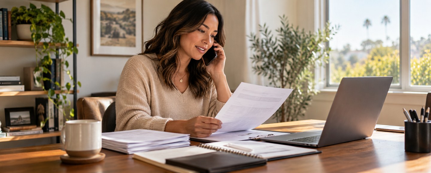 AI-created illustration of a professional discussing income documents by phone.