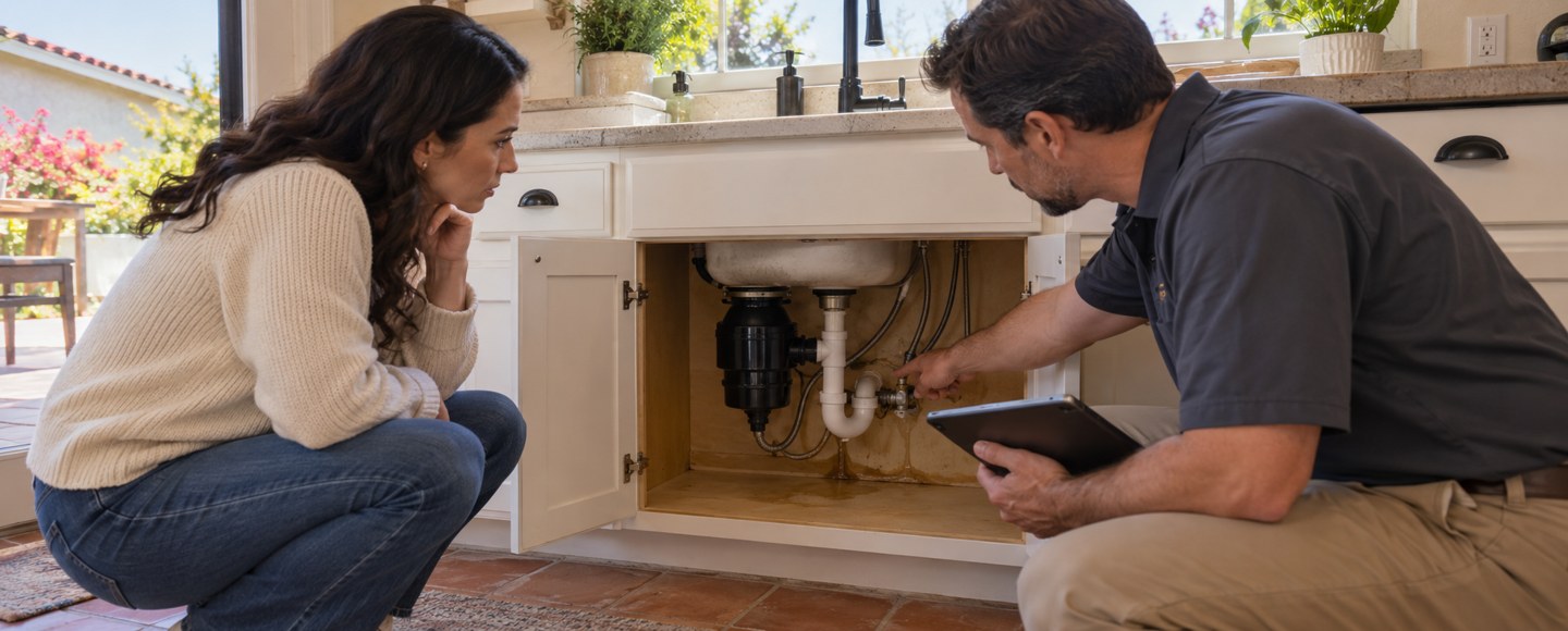 AI-created illustration of a home inspector and buyer checking plumbing beneath a sink.