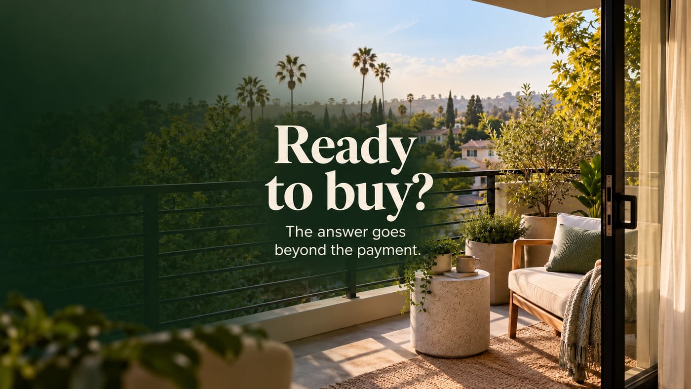 Ready to buy? The answer goes beyond the payment. AI illustration of a Southern California balcony, not an actual listing.
