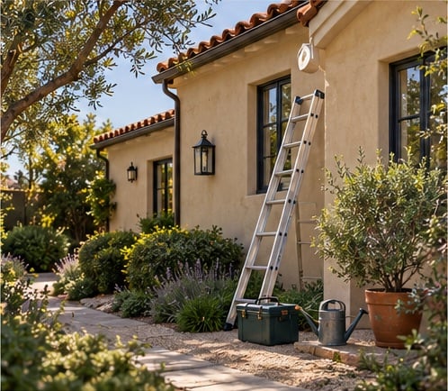 Illustrative home exterior and maintenance tools.
