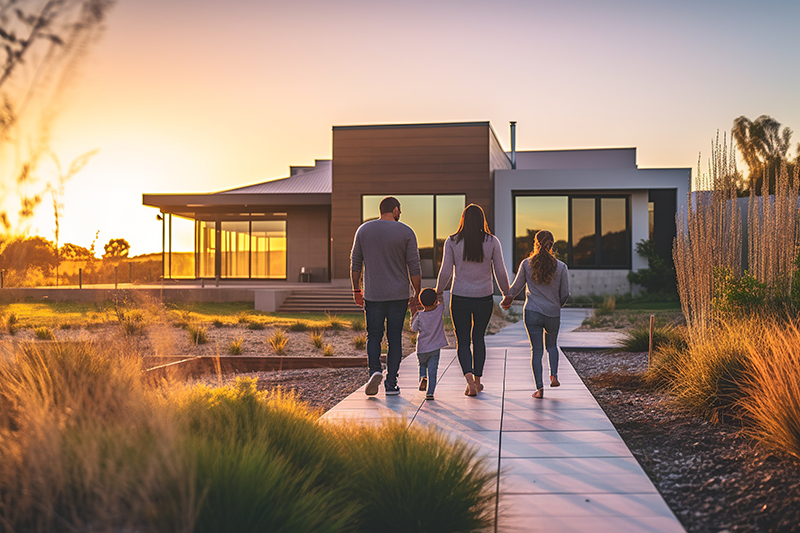 Family with children walking toward larger modern home symbolizing moving up to accommodate a growing family