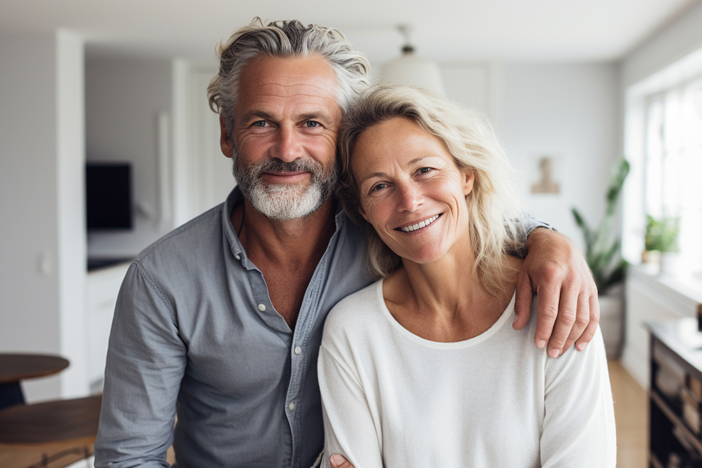Mature couple smiling together representing downsizing to a simpler lifestyle