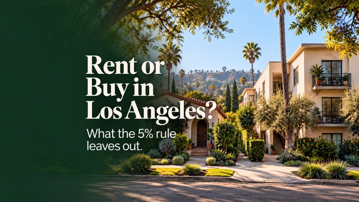 Illustration of a Los Angeles home and apartments with the headline “Rent or Buy in Los Angeles?” and “What the 5% rule leaves out.”