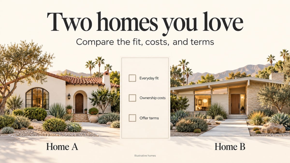 Two illustrative homes beside a checklist for everyday fit, ownership costs, and offer terms.