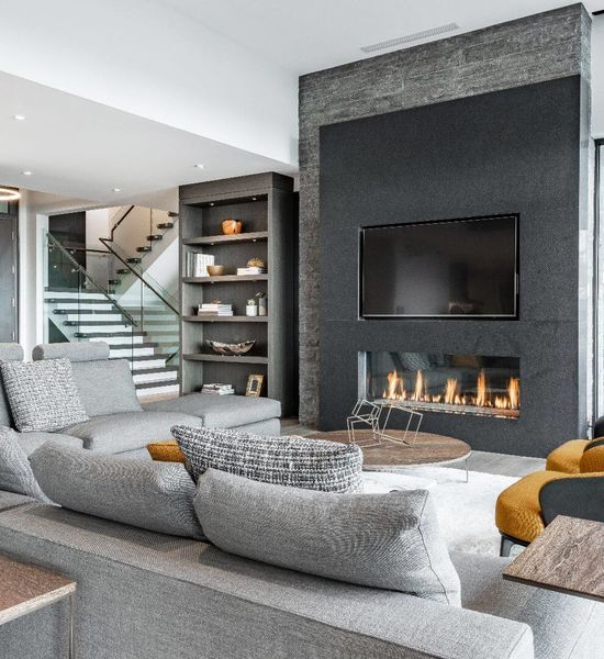 Luxurious and elegant living room with slate and dark yellow tones