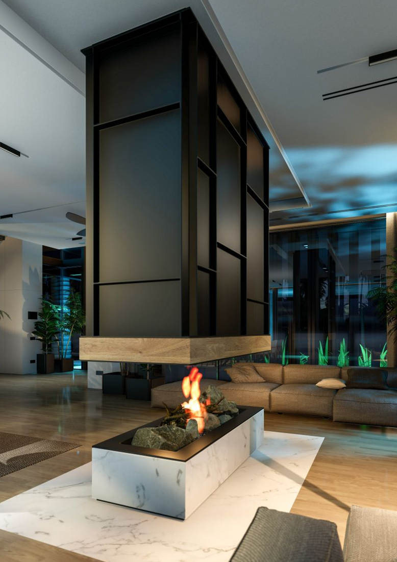 modern interior cozy with living, dining zone stair and kitchen for sale or rent with wood plant, warm interior lighting combined with a cold light from street