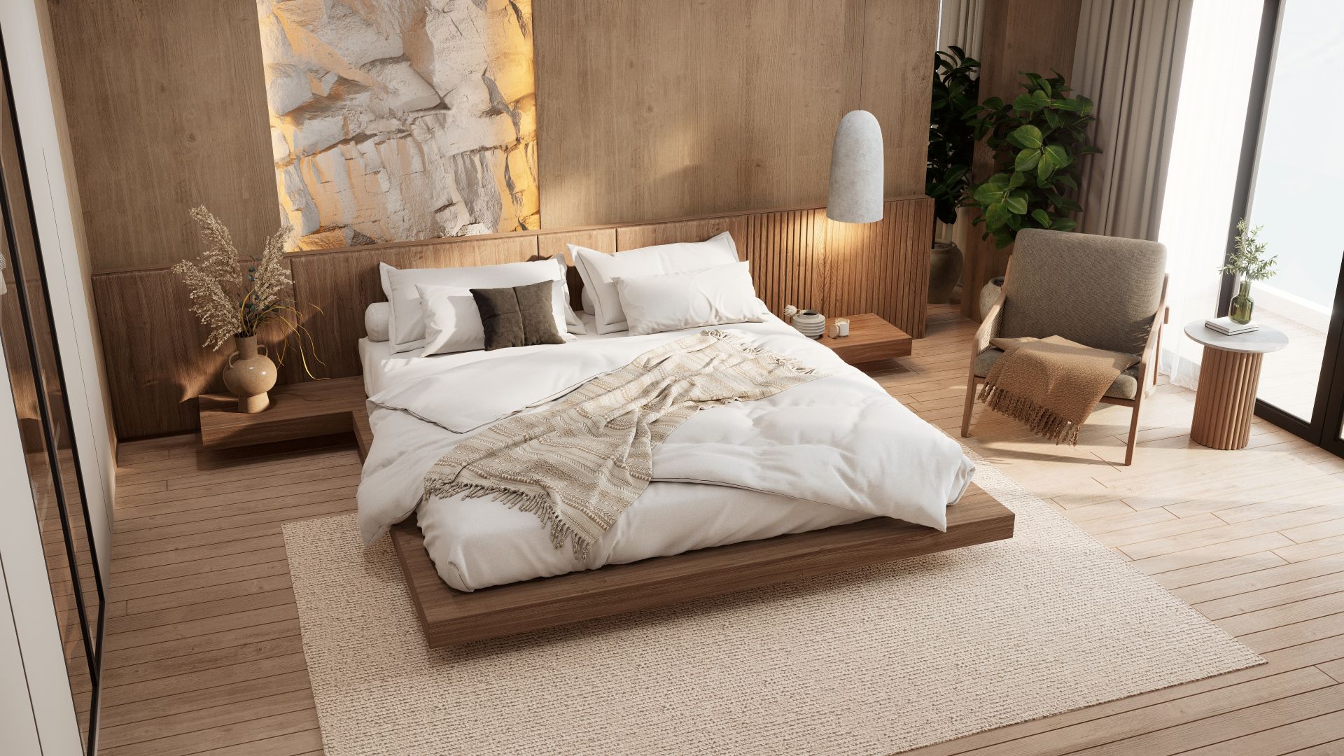 A modern, serene bedroom featuring a large bed, natural materials, soft textures, and warm colors, illuminated by natural light. 3d rendering interior.