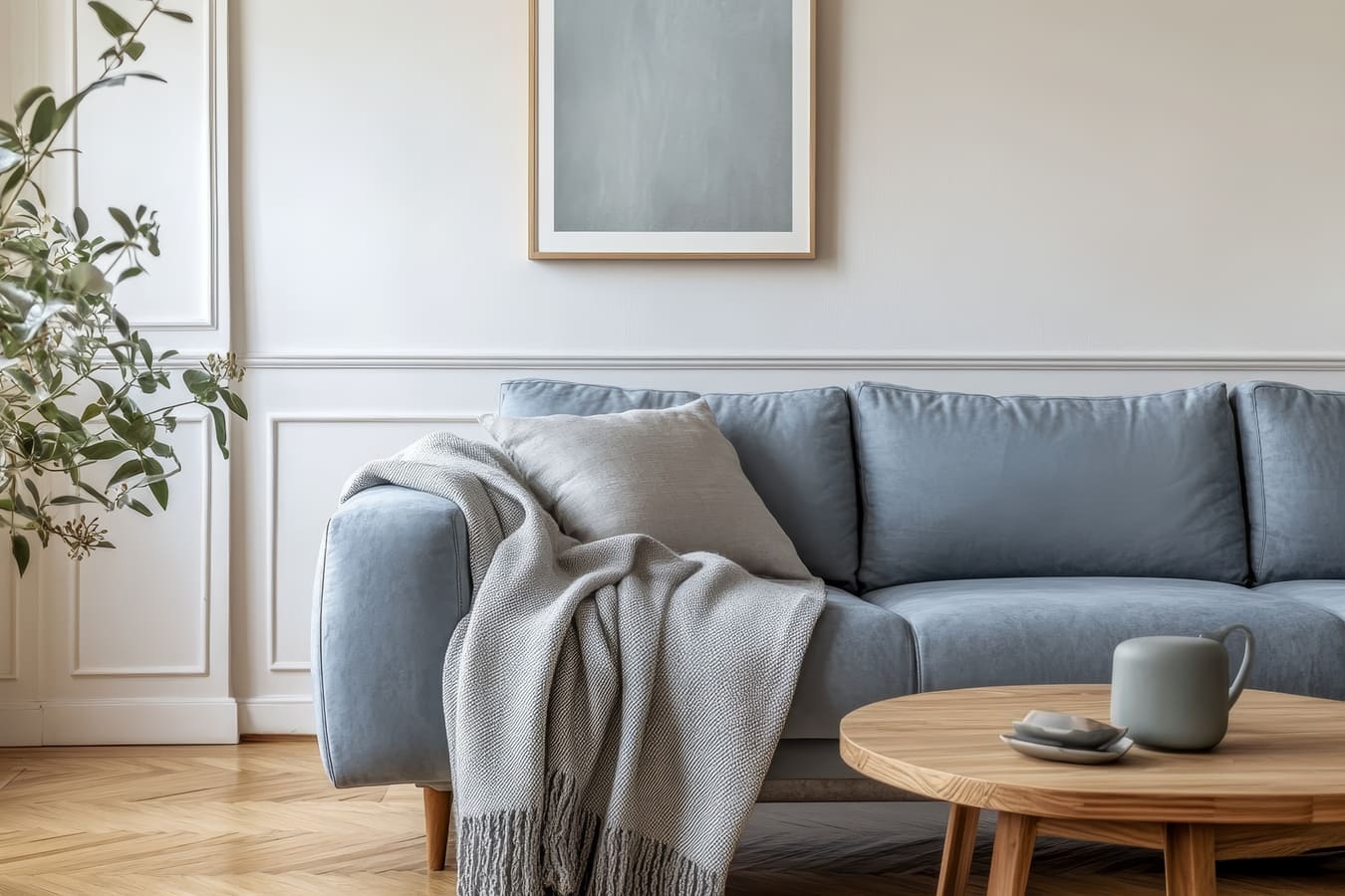 Grey sofa with a blanket, a pillow, a wooden coffee table and a plant on a wooden floor in a minimalist interior.